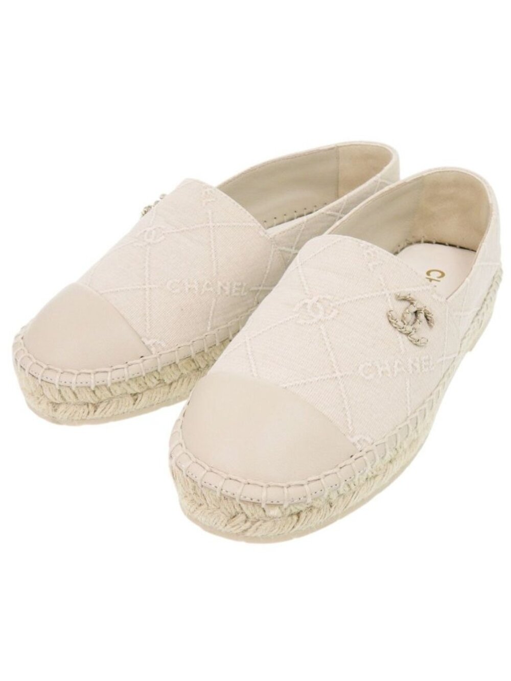 Chanel Espadrilles CC Logo 36 Cotton Lambskin Hemp Beige Flat Shoes